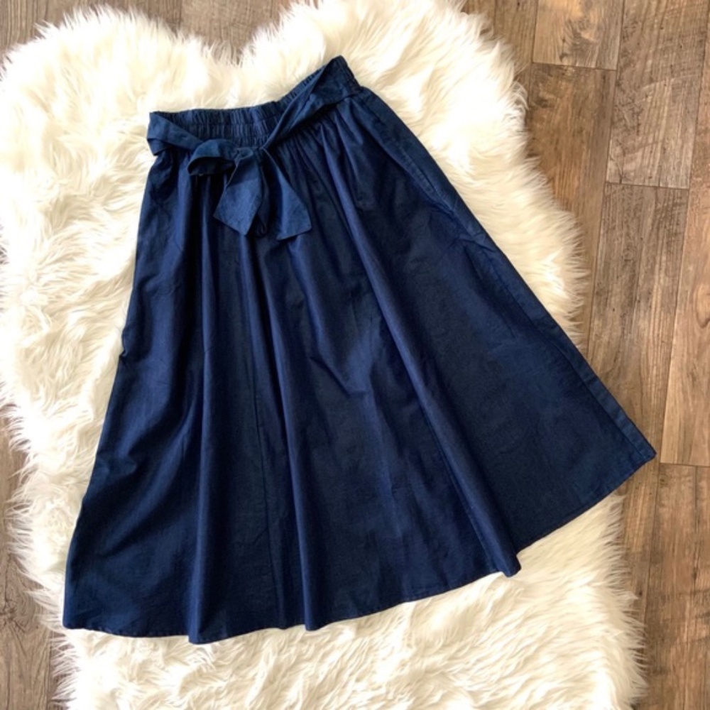Navy Denim Full Maxi Skirt with Tie Waist